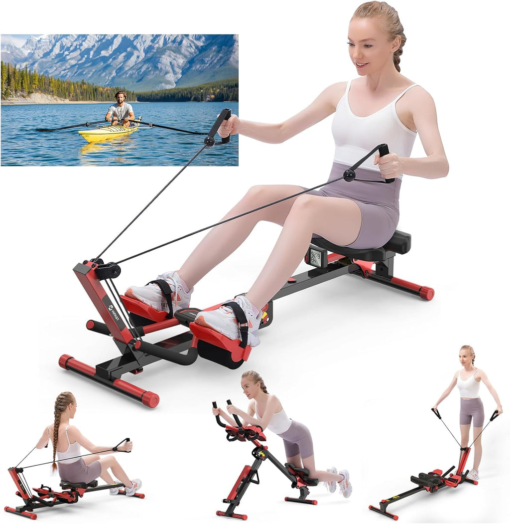 Rowing Machine, 4 in 1 Rowing and Ab Machine with 2 Levels of Workout Resistance, Quiet & Foldable Rower Machine with 3 Adjustable Handle Heights & LCD Monitor, Row Machine for Home Exercise