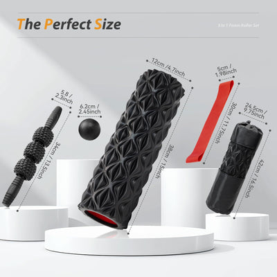 5 in1 Foam Roller Set, Trigger Point Foam Roller, Massage Roller Stick, Massage Ball, Resistance Band for Deep Muscle Massage Pilates Yoga,Fitness Exercise for Whole Body (Black-Red)