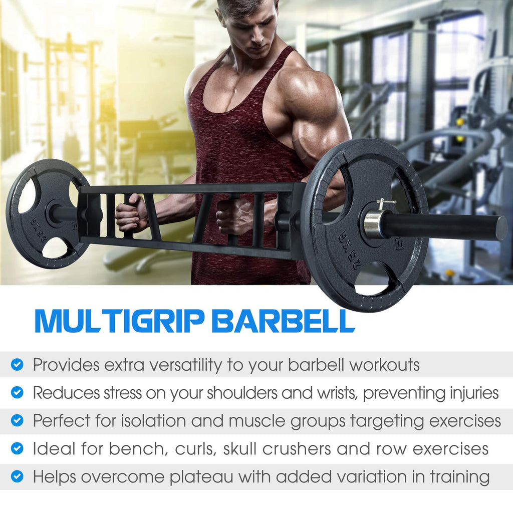 Yes4All Multi Grip Barbell & Cable Attachment - Swiss Bar, American Bar for Greater Range of Motion, with 2 Collars, Fits Olympic Weight Plates - Home Gym & Support Pressing, Lifting & Curls