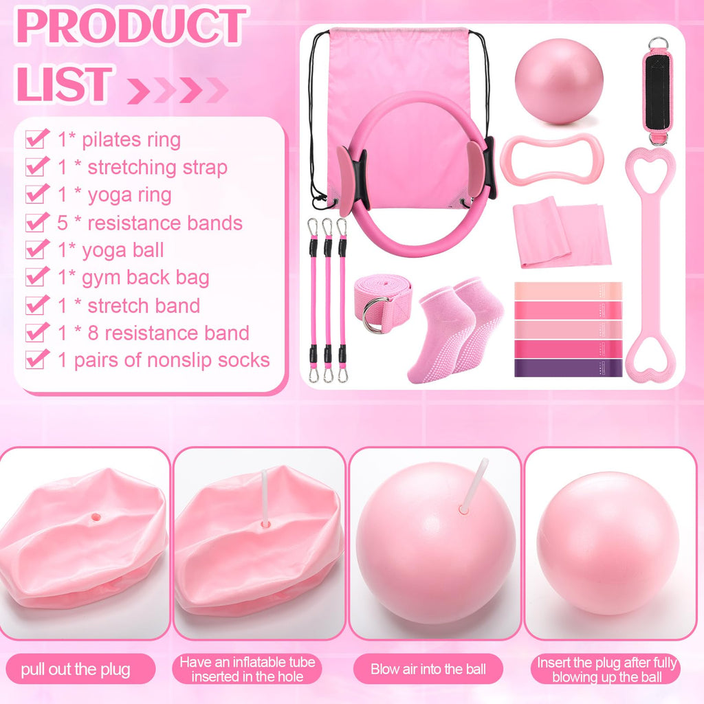 Pilates Ring Circle Set 18 Pcs Exercise Equipment Accessories for Women Workouts Pilates Ball Stretching Strap Magic Circle Yoga Ring Gym Back Bag Resistance Band Anti Slip Socks