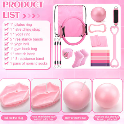 Pilates Ring Circle Set 18 Pcs Exercise Equipment Accessories for Women Workouts Pilates Ball Stretching Strap Magic Circle Yoga Ring Gym Back Bag Resistance Band Anti Slip Socks