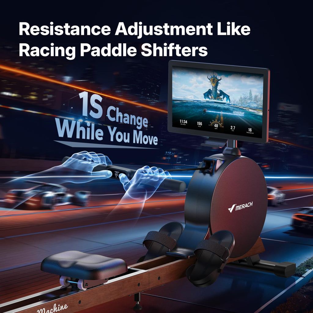 MERACH Pro-Grade Rowing Machines for Home, Smart Magnetic Rowing Machine with Self-Generation, Double Resistance and 400 LBS MAX Load, Wooden Tracks for Silent Sliding, MERACH App 1000+ Course & Games