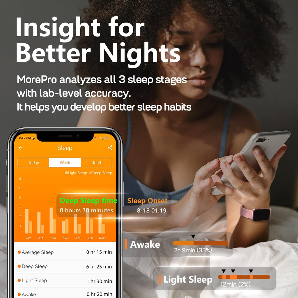 MorePro Health Fitness Tracker with Blood oxy-gen Monitor and 24/7 Heart Rate and Blood Pressure, Sleep Monitor, 120+ Sport Modes Waterproof Fitness Watch for Women Men Android iOS, Black