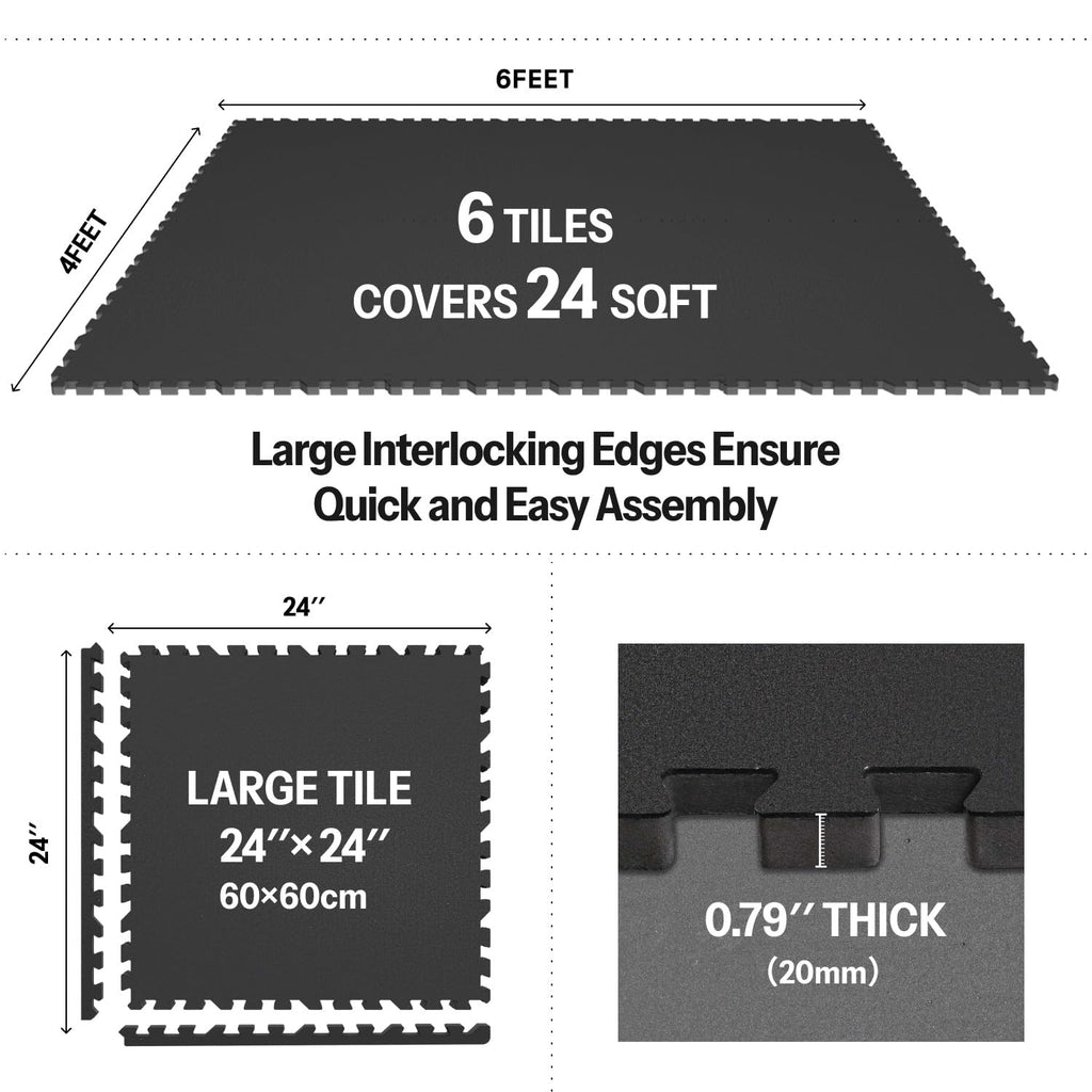 AIRHOP 0.79in Thick 24 Sq Ft Exercise Equipment Mats, 6 Tiles Upgraded Rubber Top with High Density EVA Foam, Large Interlocking Puzzle Gym Flooring for Home Gym, Heavy Weight Workout,Black & White