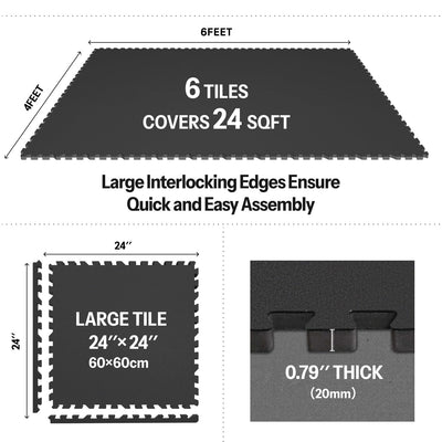 AIRHOP 0.79in Thick 24 Sq Ft Exercise Equipment Mats, 6 Tiles Upgraded Rubber Top with High Density EVA Foam, Large Interlocking Puzzle Gym Flooring for Home Gym, Heavy Weight Workout,Black & White