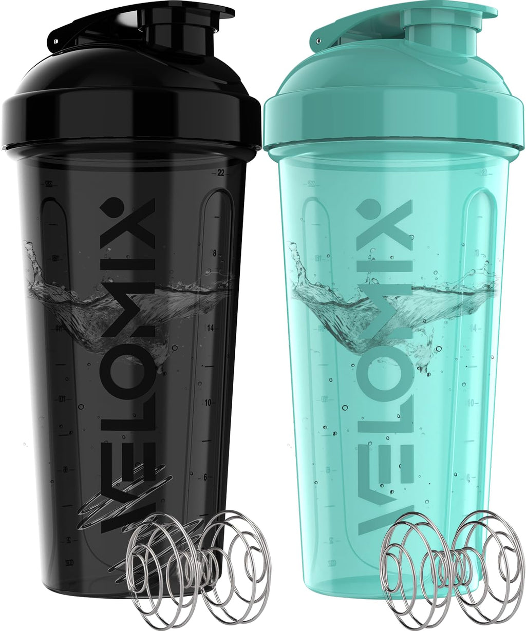 VELOMIX -2 Pack- 28 oz Protein Shaker Bottles for Protein Mixes - 2x Wire Whisk | Leak Proof Shaker Cups for Protein Shakes | Protein Shaker Bottle Pack (Black/Transparent)