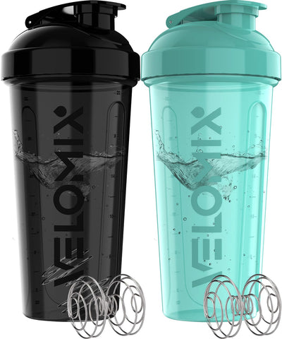 VELOMIX -2 Pack- 28 oz Protein Shaker Bottles for Protein Mixes - 2x Wire Whisk | Leak Proof Shaker Cups for Protein Shakes | Protein Shaker Bottle Pack (Black/Transparent)