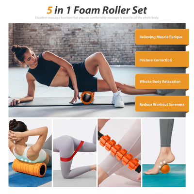 5 in1 Foam Roller Set, Trigger Point Foam Roller, Massage Roller Stick, Massage Ball, Resistance Band for Deep Muscle Massage Pilates Yoga,Fitness Exercise for Whole Body (Black-Red)
