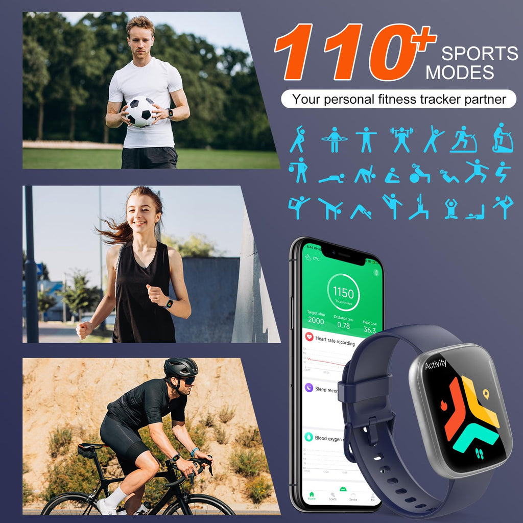 Smart Watch for Men Women(Answer/Make Calls), 1.95" HD Touch Screen Fitness Watch with Sleep Heart Rate Monitor, 110+ Sports Modes, IP68 Waterproof Activity Trackers Compatible with Android iOS, Black