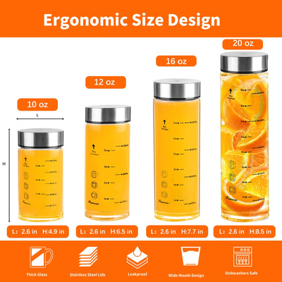 Glass Juice Bottles 4 Pack 20 oz - Wide Mouth Glass Water Bottles with Lids - for Juicing, Protein, Smoothie, Milk, Reusable, BPA Free, Stainless Steel Lids, Blender, Shaker Bottle (20oz/600ml)