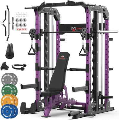 Smith Machine Home Gym with Aluminum Pulley Set- 2000lbs Capacity All-in-One Power Rack with Cable Crossover, Pull-Up Bar & Dip Station, Includes 18 Attachments, P107 Anvil