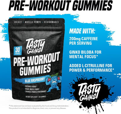 TASTY GAINS - Pre-Workout Gummies – Energy & Focus Boost, Caffeine Gummies for Men & Women, 200mg of Caffeine, Fat-Burning Preworkout for Strength & Endurance, Pineapple Mango Flavor, 60 Count
