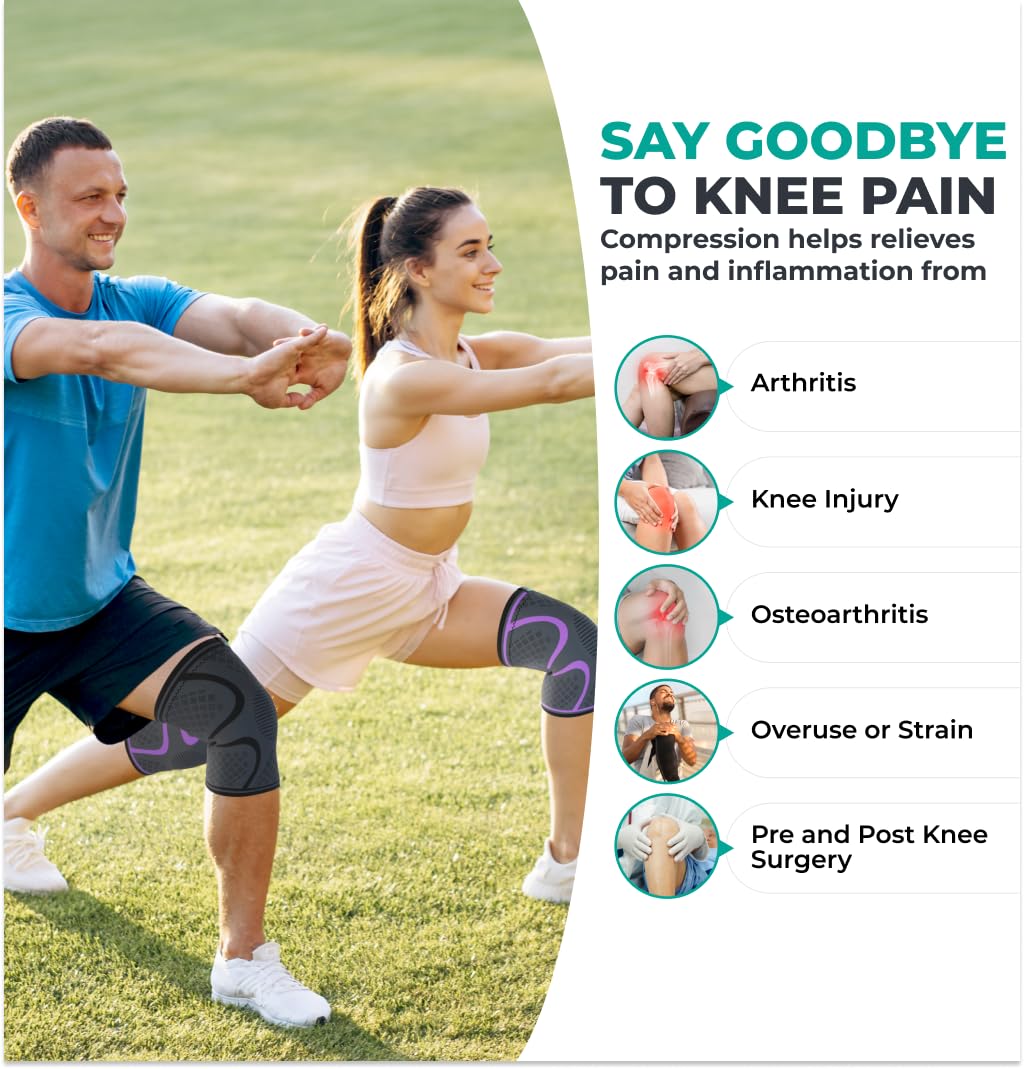 Modvel Compression Knee Brace for Women & Men, 2-Pack Knee Brace for Running Knee Pain, Knee Support Compression Sleeve, Workout Sports Knee Braces for Meniscus Tear, ACL & Arthritis Pain Relief