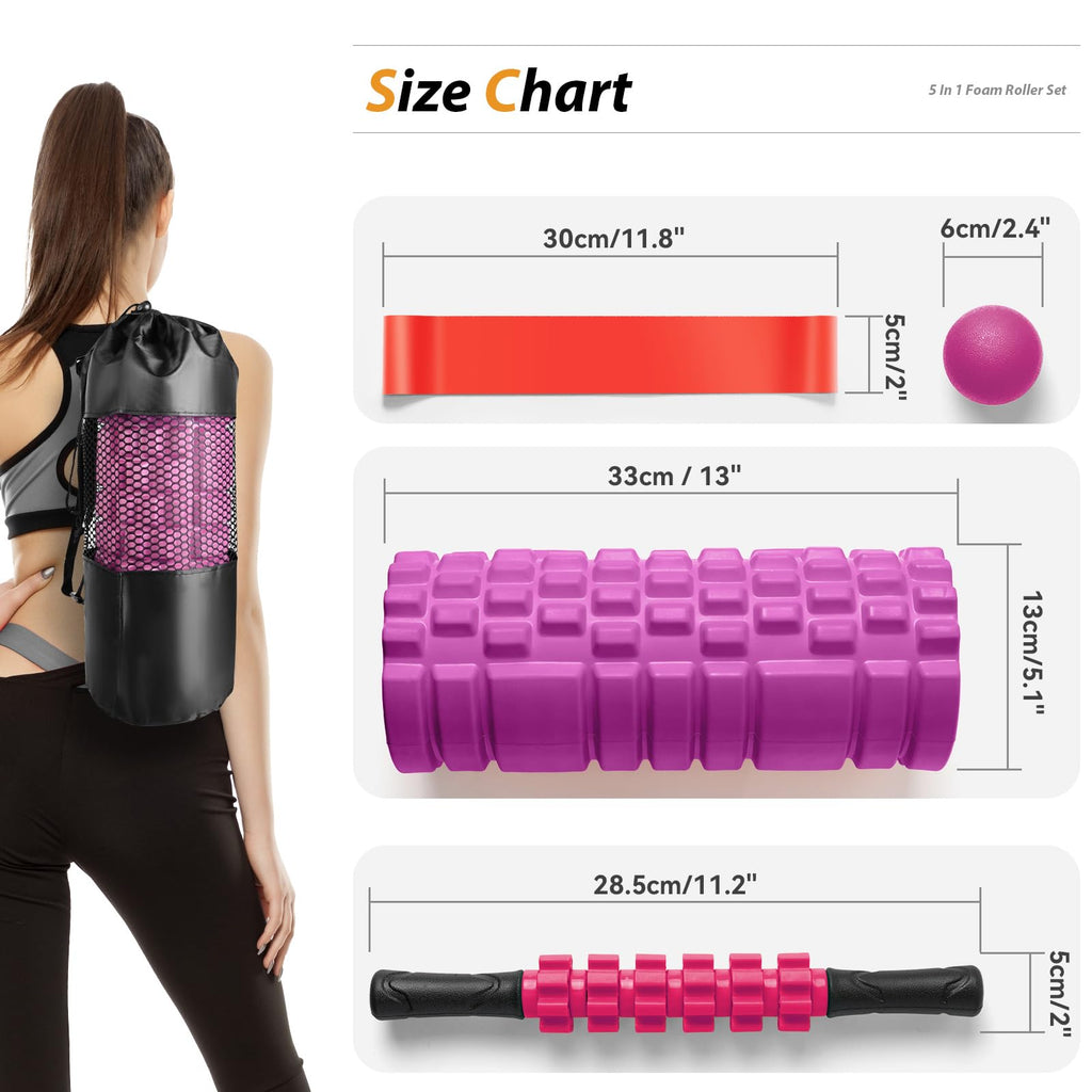 5 in1 Foam Roller Set, Trigger Point Foam Roller, Massage Roller Stick, Massage Ball, Resistance Band for Deep Muscle Massage Pilates Yoga,Fitness Exercise for Whole Body (Black-Red)