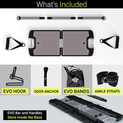 EVO Gym - Portable Home Gym Strength Training Equipment, at Home Gym | All in One Gym - Resistance Bands, Base Holds Gym Bar & Handles for Travel | Portable Gym & Home Exercise Equipment