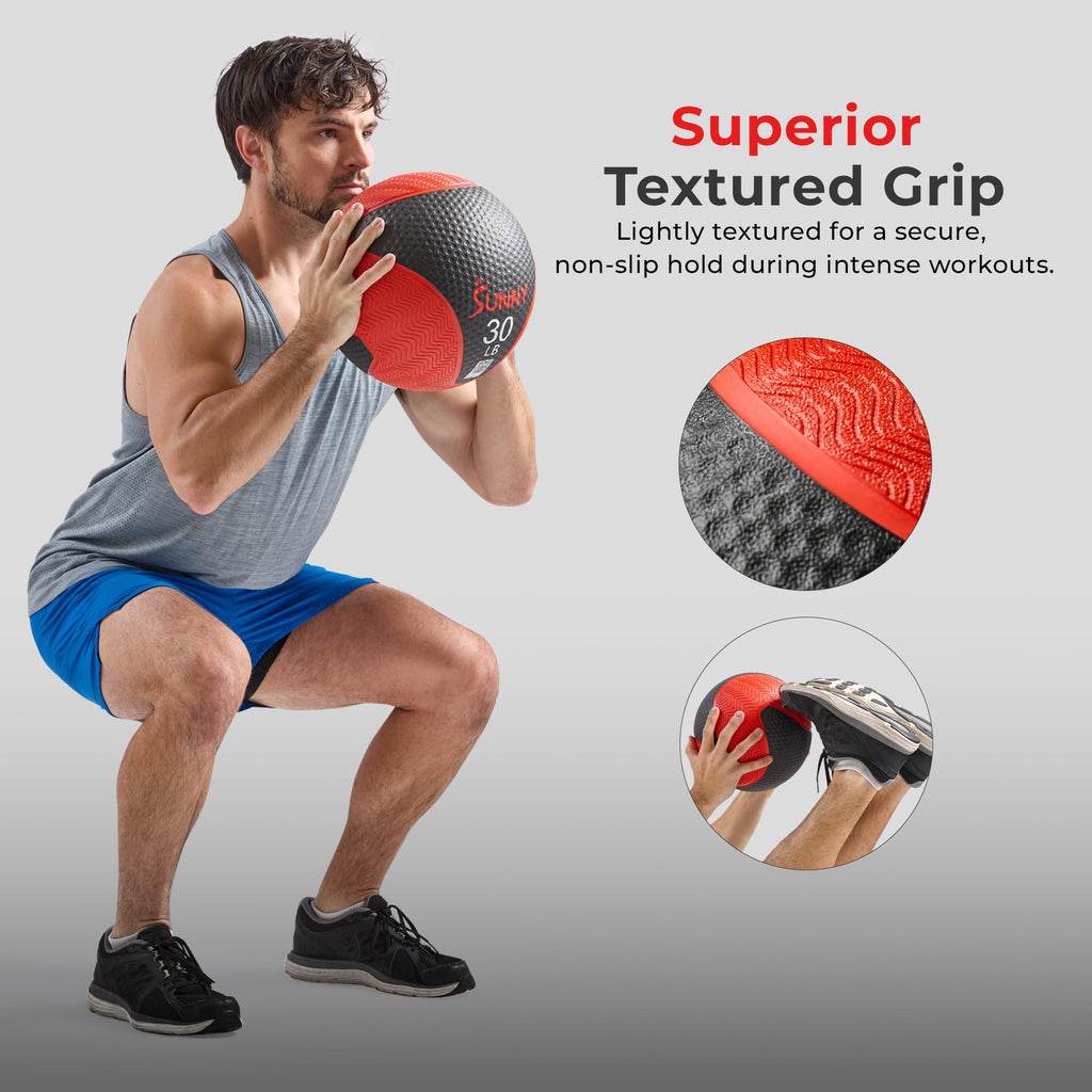Sunny Health & Fitness Medicine Ball, Textured Rubber, Core Strength & Balance Training, Bouncing, Weight for Home Workouts 4,6,8,10,12,15,20,25,30LB Options
