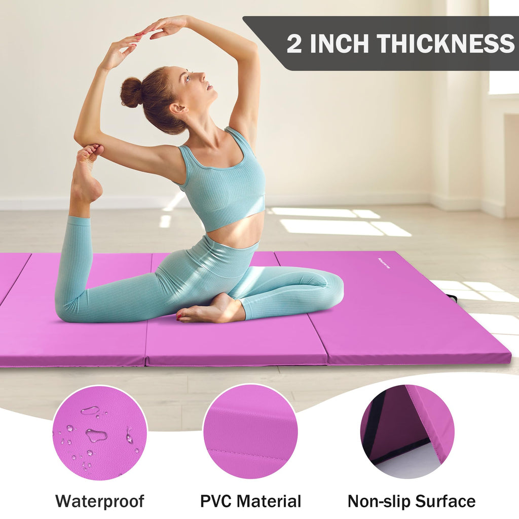 Fitvids Folding Exercise Gymnastics Mat, 4'x8'x2" Gym Workout Mat with Carrying Handles 4-Fold High-Density Anti-Tear Portable Fitness Aerobics Mat for Home Gym Yoga Pilates Tumbling MMA Core Training