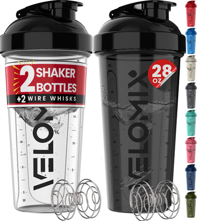 VELOMIX -2 Pack- 28 oz Protein Shaker Bottles for Protein Mixes - 2x Wire Whisk | Leak Proof Shaker Cups for Protein Shakes | Protein Shaker Bottle Pack (Black/Transparent)