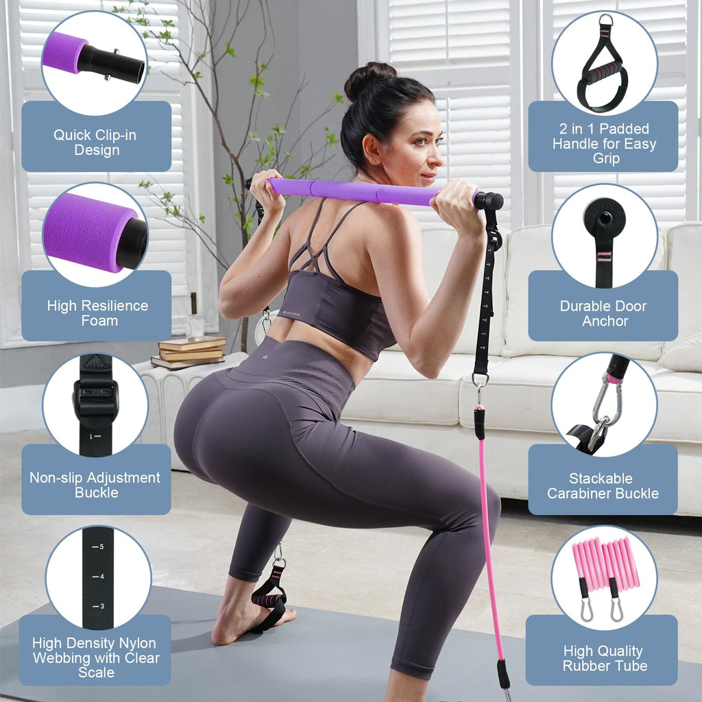 Pilates Bar Kit with Resistance Bands, Multifunctional Pilates Bar with 3 Set Exercise Resistance Bands, Portable Pilates Equipment for Women Home Gym Yoga Workouts