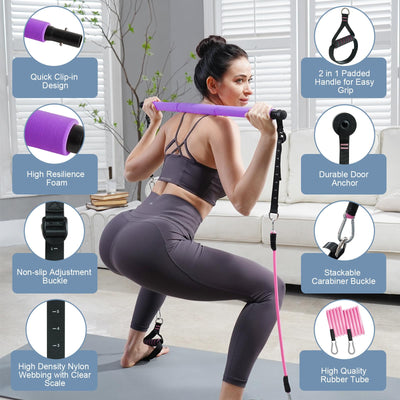 Pilates Bar Kit with Resistance Bands, Multifunctional Pilates Bar with 3 Set Exercise Resistance Bands, Portable Pilates Equipment for Women Home Gym Yoga Workouts