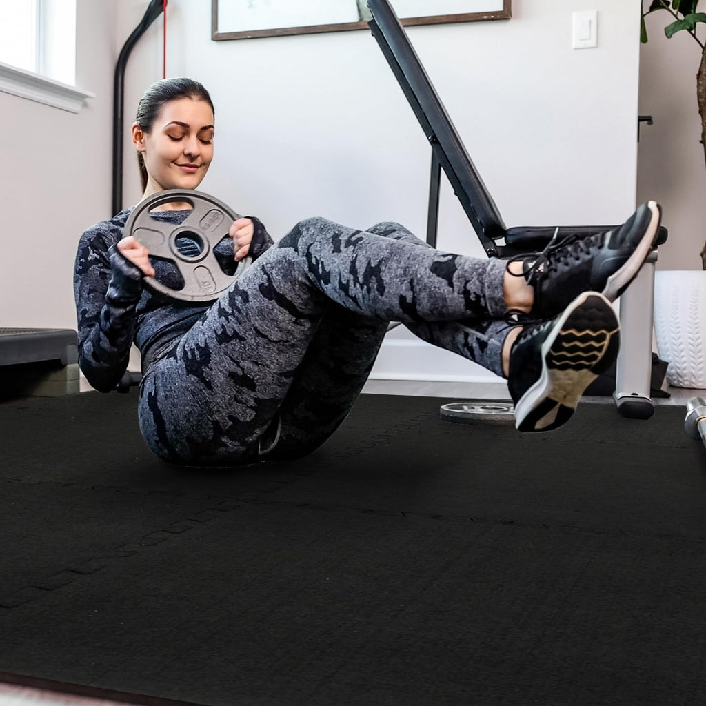 SUPERJARE 0.56'' Thick 12 Pcs 48 Sq Ft Rubber Top Exercise Equipment Mats, High Density EVA Foam Mats with Rubber Top, Interlocking Gym Flooring for Home Gym, Protective Workout Mat, Black/Grey