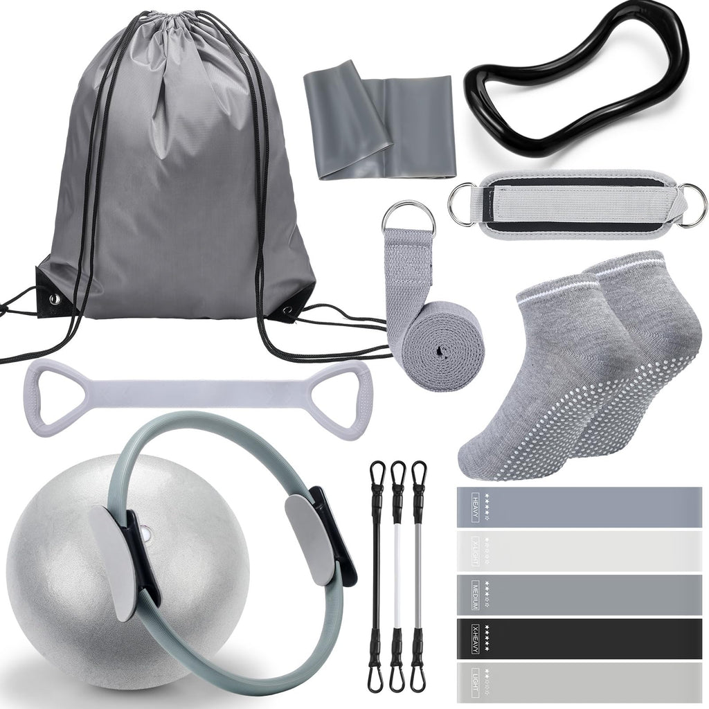 Pilates Ring Circle Set 18 Pcs Exercise Equipment Accessories for Women Workouts Pilates Ball Stretching Strap Magic Circle Yoga Ring Gym Back Bag Resistance Band Anti Slip Socks