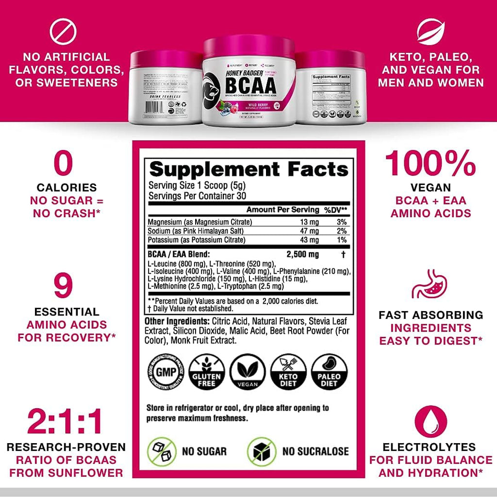 Honey Badger Pre Workout Powder & BCAA Amino Acids Powder Bundle | Beta Alanine, Caffeine & Vitamin C + Electrolytes | Vegan Keto Sugar Free & Paleo for Men & Women | 30 Servings (Wild Berry)