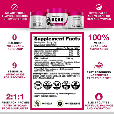 Honey Badger Pre Workout Powder & BCAA Amino Acids Powder Bundle | Beta Alanine, Caffeine & Vitamin C + Electrolytes | Vegan Keto Sugar Free & Paleo for Men & Women | 30 Servings (Wild Berry)