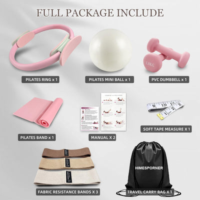 Pilates Equipment Kit for Home Workout, Pilates Ring and Ball Set with 2.2lb *2 Dumbbells, Fabric Resistance Bands, Tape Measure, Bag, Pilates Essentials Accessories for Women Yoga