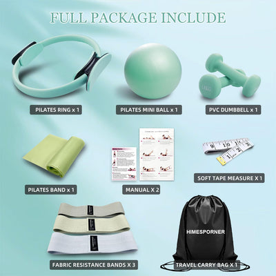 Pilates Equipment Kit for Home Workout, Pilates Ring and Ball Set with 2.2lb *2 Dumbbells, Fabric Resistance Bands, Tape Measure, Bag, Pilates Essentials Accessories for Women Yoga