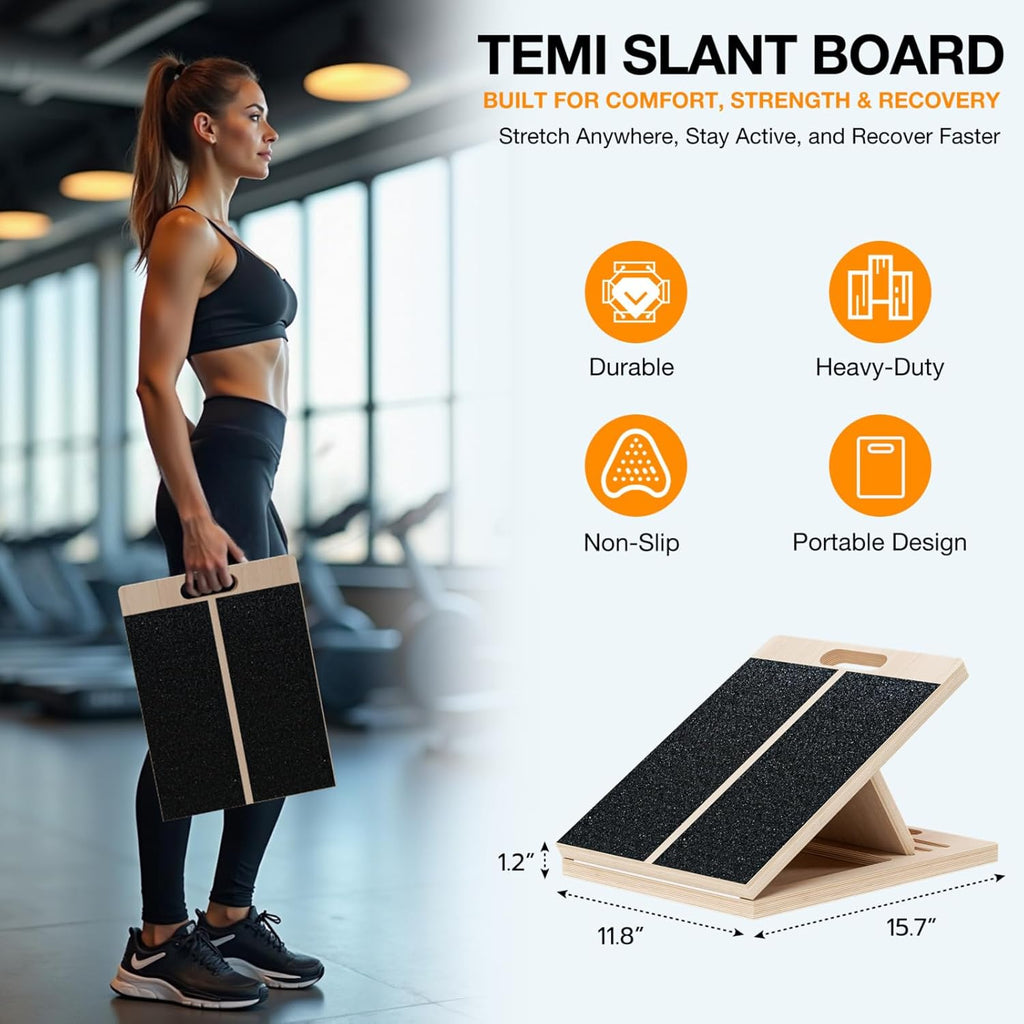 TEMI Slant Board for Calf-Stretching - Wooden Incline Wedge Stretcher for Squats, Foot & Ankle Mobility, Portable Fitness Equipment, Balance Block