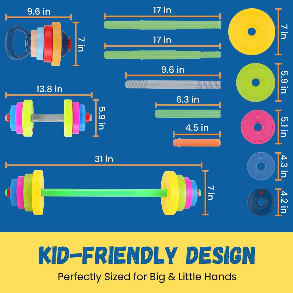 Kids Exercise Weight Set - 3-in-1 Adjustable Workout Toy Equipment for Children Pretend Play Exercise - Toddler Beginner Gym, Fitness, Weightlifting and Powerlifting (Dumbbell, Barbell, Kettlebell)