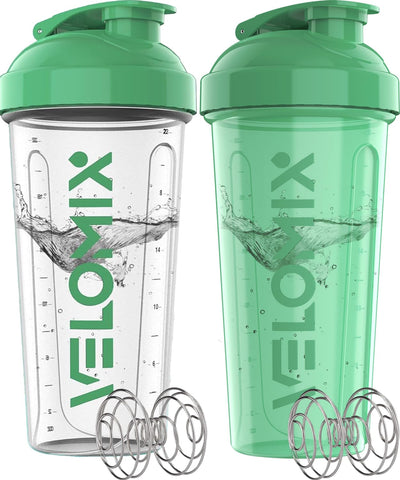 VELOMIX -2 Pack- 28 oz Protein Shaker Bottles for Protein Mixes - 2x Wire Whisk | Leak Proof Shaker Cups for Protein Shakes | Protein Shaker Bottle Pack (Black/Transparent)