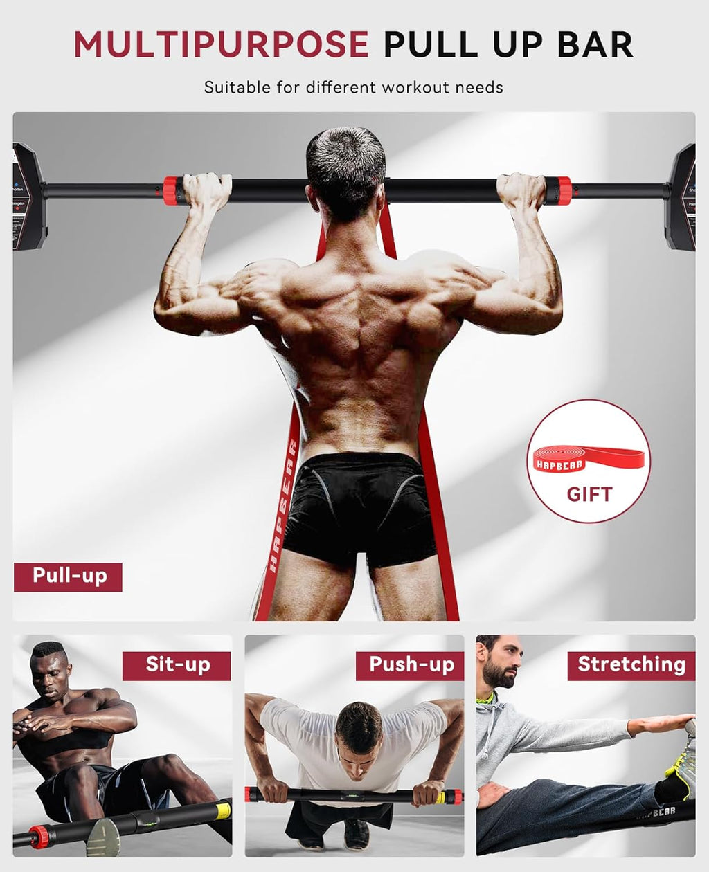 HAPBEAR Pull Up Bar for Doorway, Strength Training Chin up Bar Without Screws, Adjustable Width Locking Mechanism Pullup Bar with Non-Slip, Doorway Pull Up Bar for Home Gym Upper Body Workout