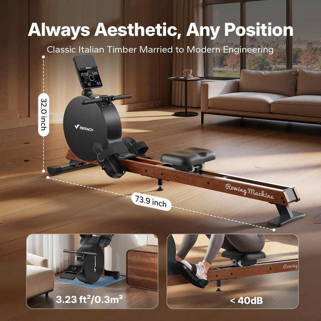 MERACH Pro-Grade Rowing Machines for Home, Smart Magnetic Rowing Machine with Self-Generation, Double Resistance and 400 LBS MAX Load, Wooden Tracks for Silent Sliding, MERACH App 1000+ Course & Games