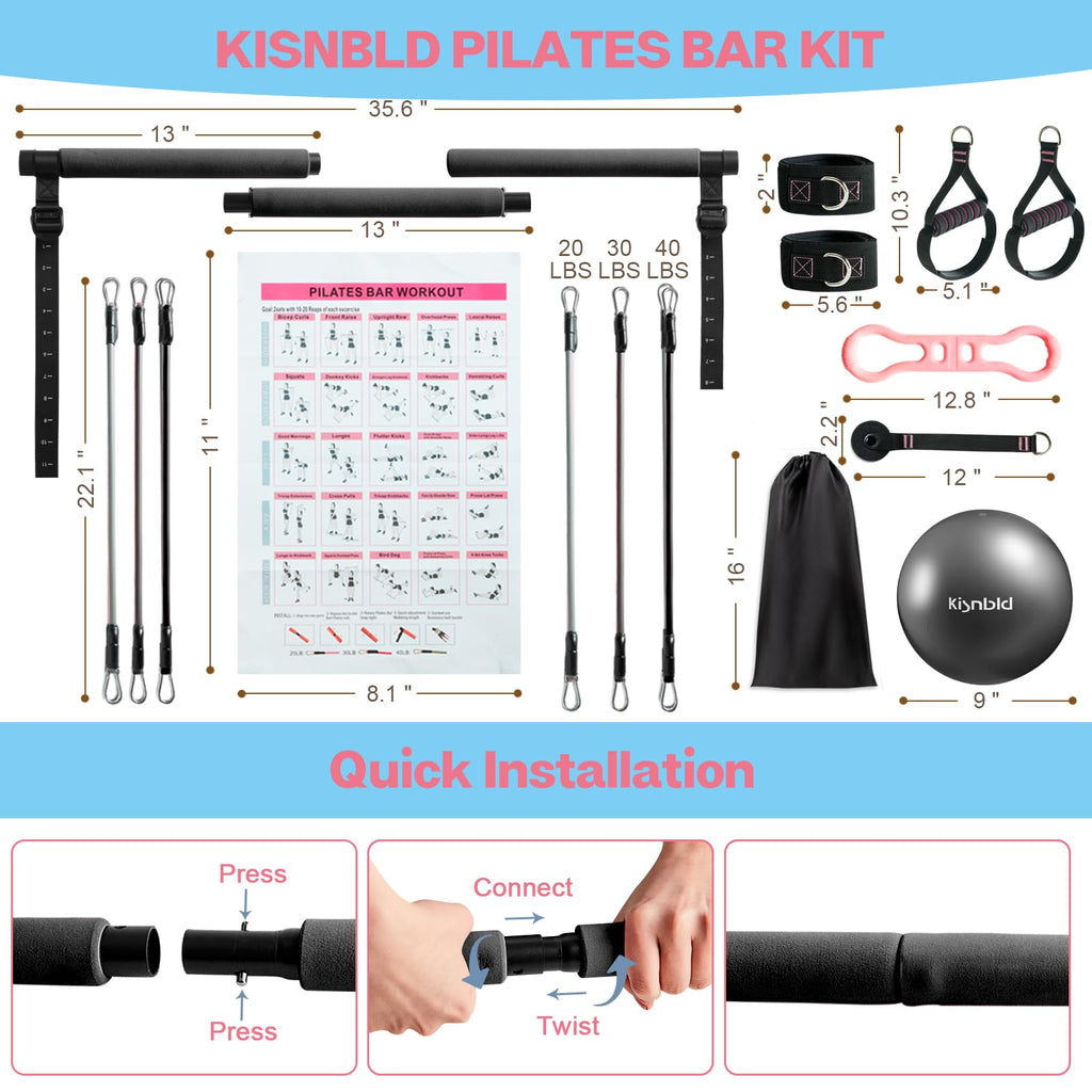 Pilates Bar Kit with Resistance Bands, Multifunctional Pilates Bar with 3 Set Exercise Resistance Bands, Portable Pilates Equipment for Women Home Gym Yoga Workouts