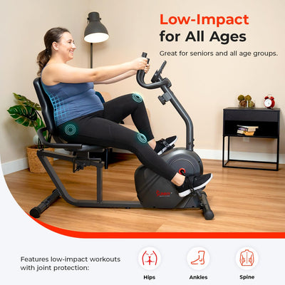 Sunny Health & Fitness Smart Heavy-Duty Recumbent Bike w/Wide Cushioned Seat & Back, Indoor Cycling Machine for Adult/Seniors Home Exercise, Free SunnyFit App Connect, Optional Workout Training Bands
