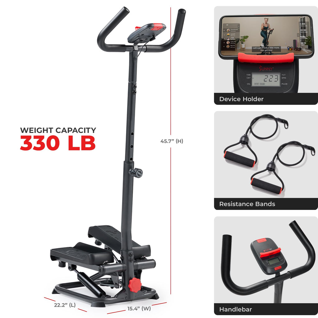 Sunny Health & Fitness Total Body 2-in-1 Smart Stepper Machine for Home with Handlebar and Resistance Bands, Total Body Workout, Adjustable Hydraulic, LCD Monitor, Non-Slip Pedals – 330 LB Max Weight