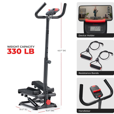 Sunny Health & Fitness Total Body 2-in-1 Smart Stepper Machine for Home with Handlebar and Resistance Bands, Total Body Workout, Adjustable Hydraulic, LCD Monitor, Non-Slip Pedals – 330 LB Max Weight