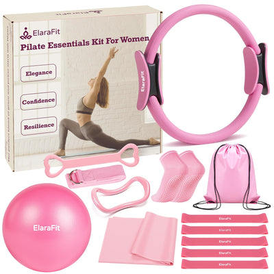 Home Pilates Kit for Women Pilates Equipment Ring and Ball Set Magic Circle Hoop with 5 Resistance Bands Compact Toning Fitness Essentials Starter Set Accessories