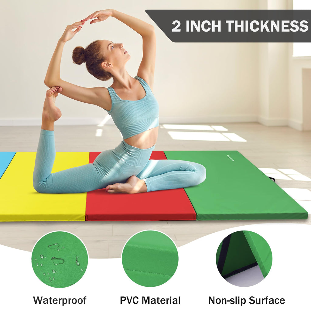 Fitvids Folding Exercise Gymnastics Mat, 4'x8'x2" Gym Workout Mat with Carrying Handles 4-Fold High-Density Anti-Tear Portable Fitness Aerobics Mat for Home Gym Yoga Pilates Tumbling MMA Core Training
