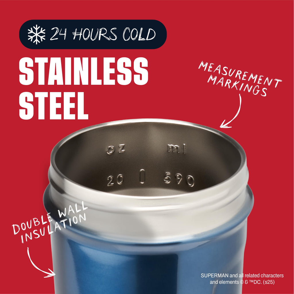 BlenderBottle Superman Strada Shaker Cup Insulated Stainless Steel Water Bottle with Wire Whisk, 24-Ounce, Man of Steel - Blue