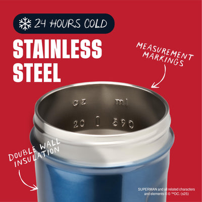 BlenderBottle Superman Strada Shaker Cup Insulated Stainless Steel Water Bottle with Wire Whisk, 24-Ounce, Man of Steel - Blue