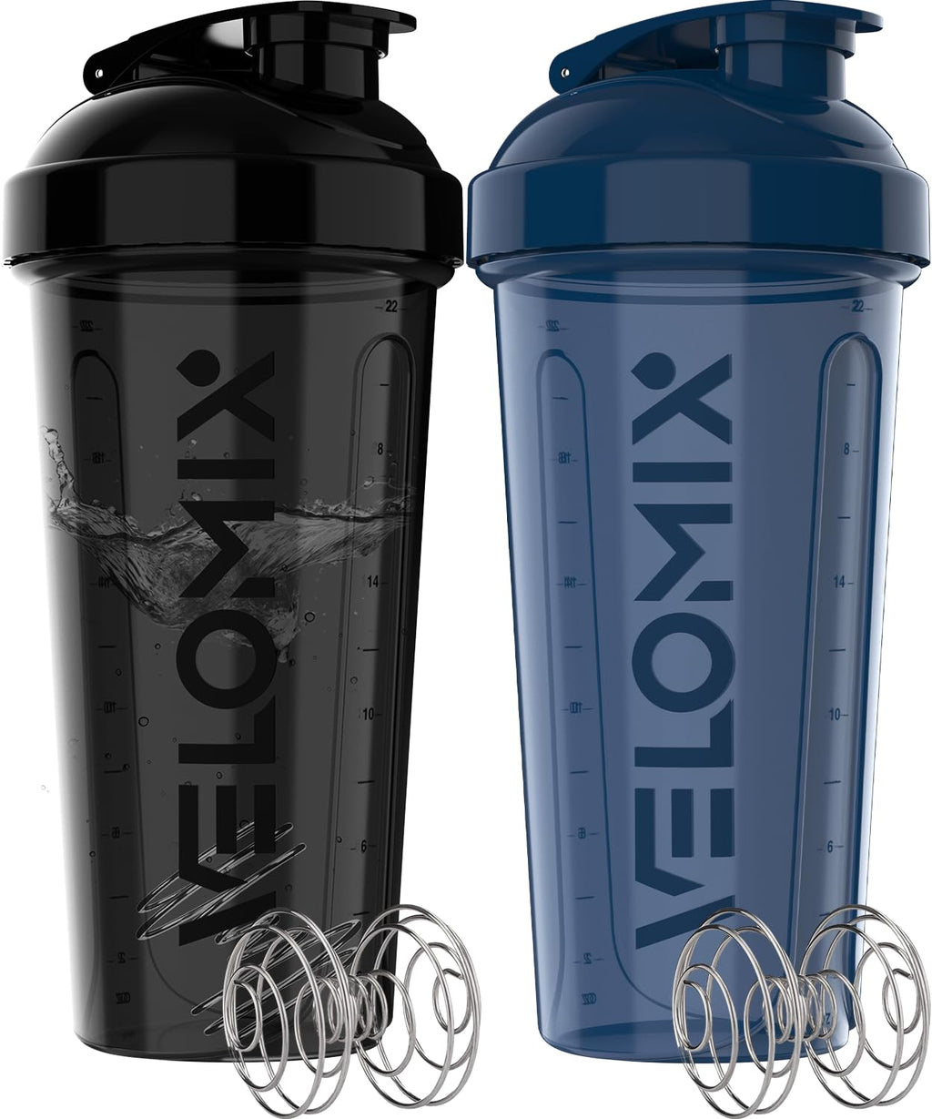 VELOMIX -2 Pack- 28 oz Protein Shaker Bottles for Protein Mixes - 2x Wire Whisk | Leak Proof Shaker Cups for Protein Shakes | Protein Shaker Bottle Pack (Black/Transparent)