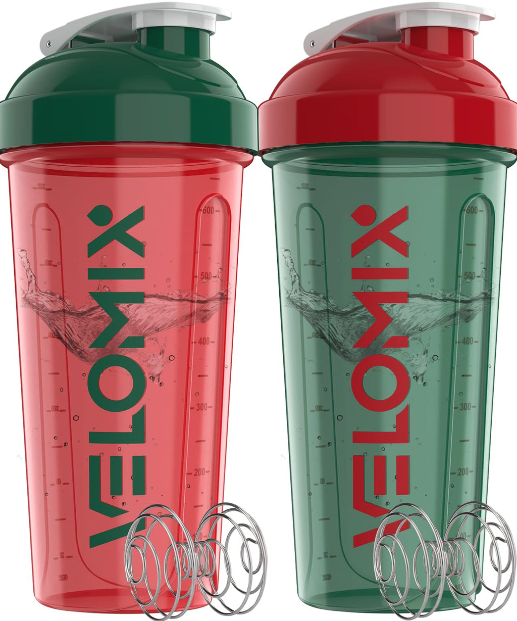 VELOMIX -2 Pack- 28 oz Protein Shaker Bottles for Protein Mixes - 2x Wire Whisk | Leak Proof Shaker Cups for Protein Shakes | Protein Shaker Bottle Pack (Black/Transparent)
