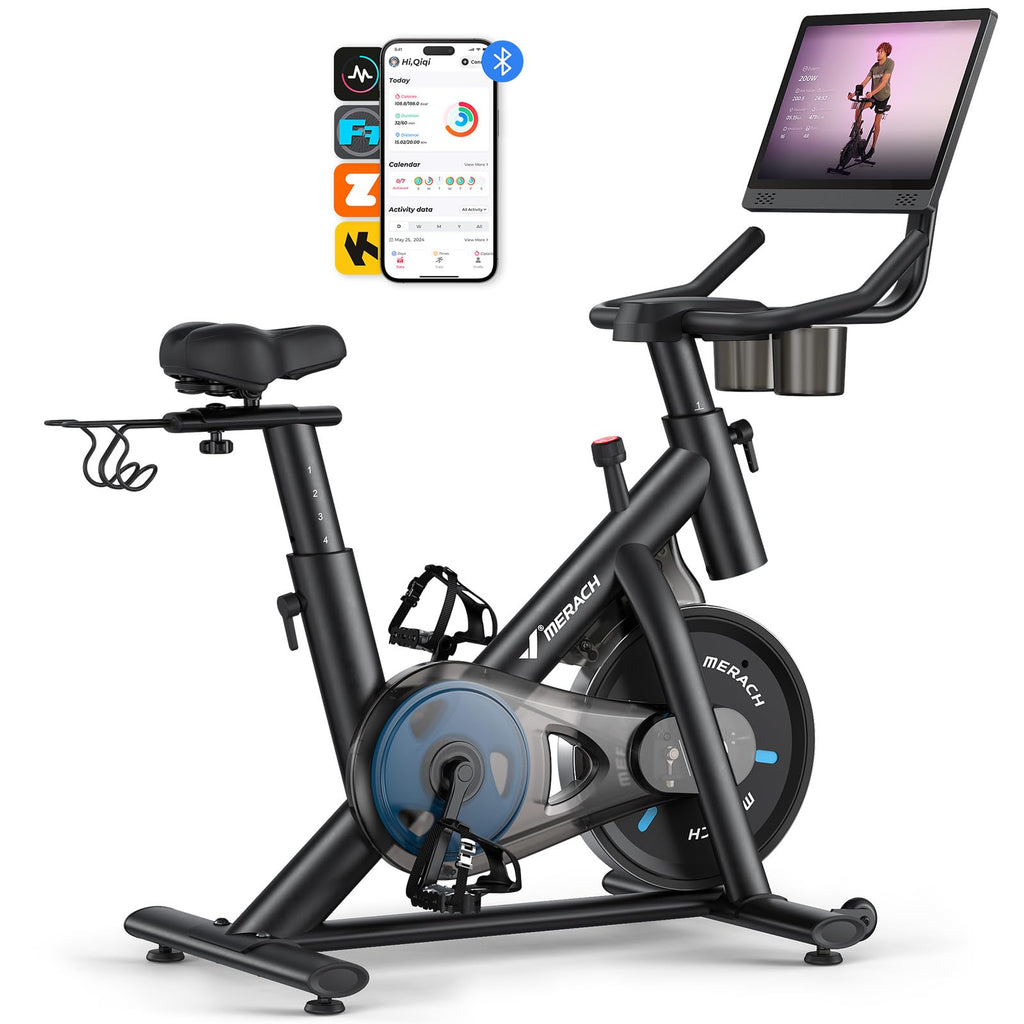 MERACH Exercise Bike, Brake Pad Stationary Bike with Exclusive App, Low Noise Indoor Cycling Bike with 300lbs Weight Capacity, Tablet Mount and Fitness Courses for Weight Loss