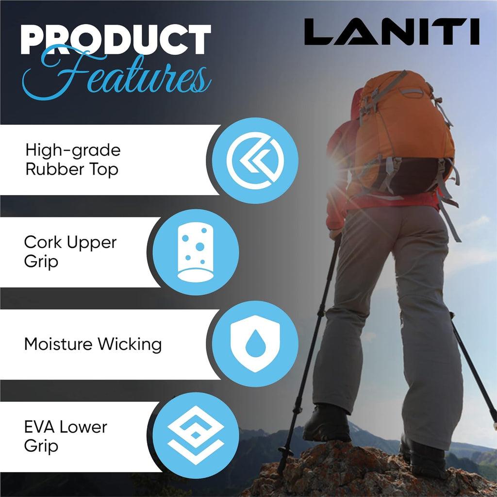 Laniti Nordic Walking Sticks – Adjustable Hiking Poles Expandable to 54" – Lightweight Trekking Poles with 10 Tips – Shock-Absorbing Carbon Fiber & Aluminum – for Men, Women