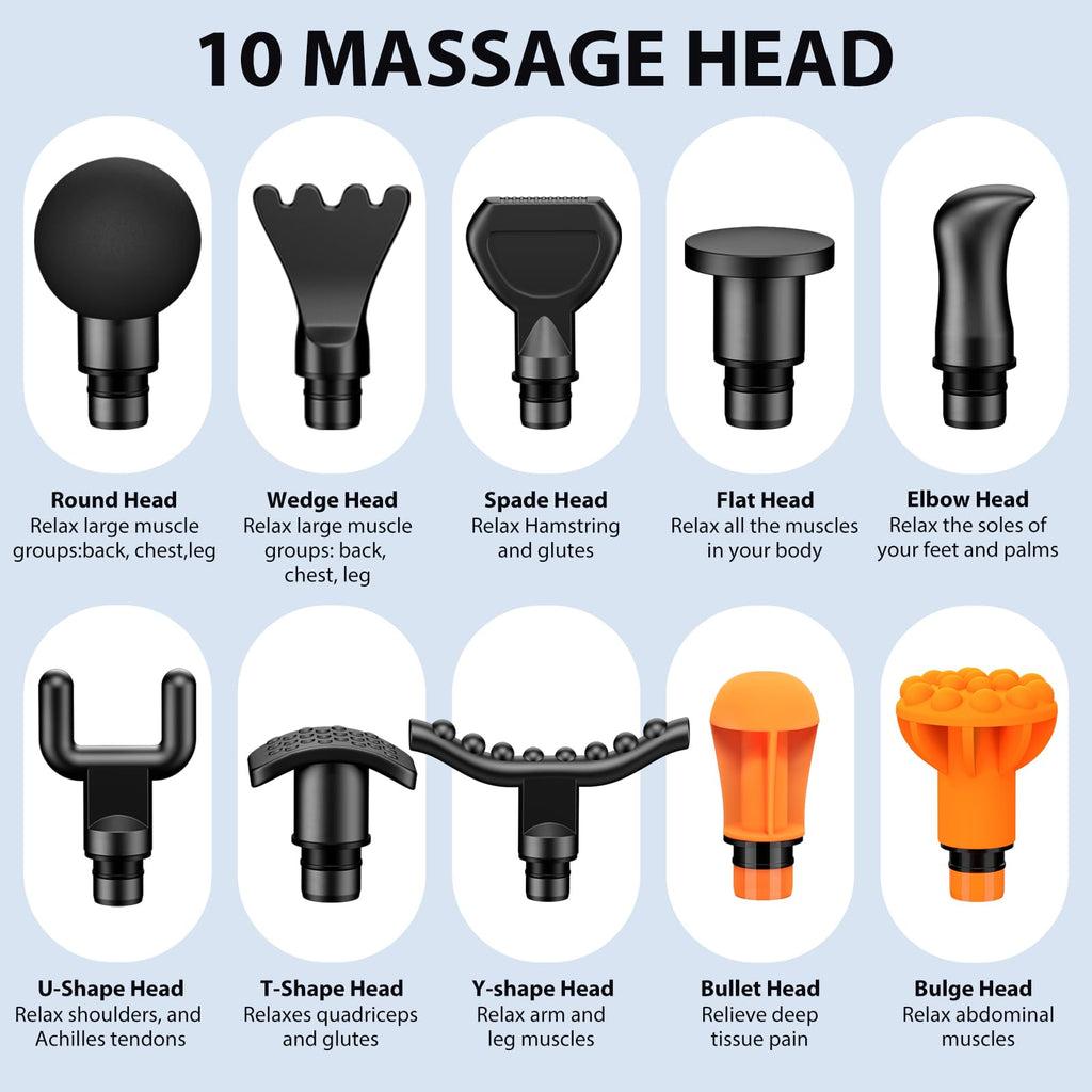TOLOCO Massage Gun Deep Tissue, Percussion Massage Gun with 10 Replacement Heads, Super Quiet Portable Electric Massager for Athletes, Relax, Black