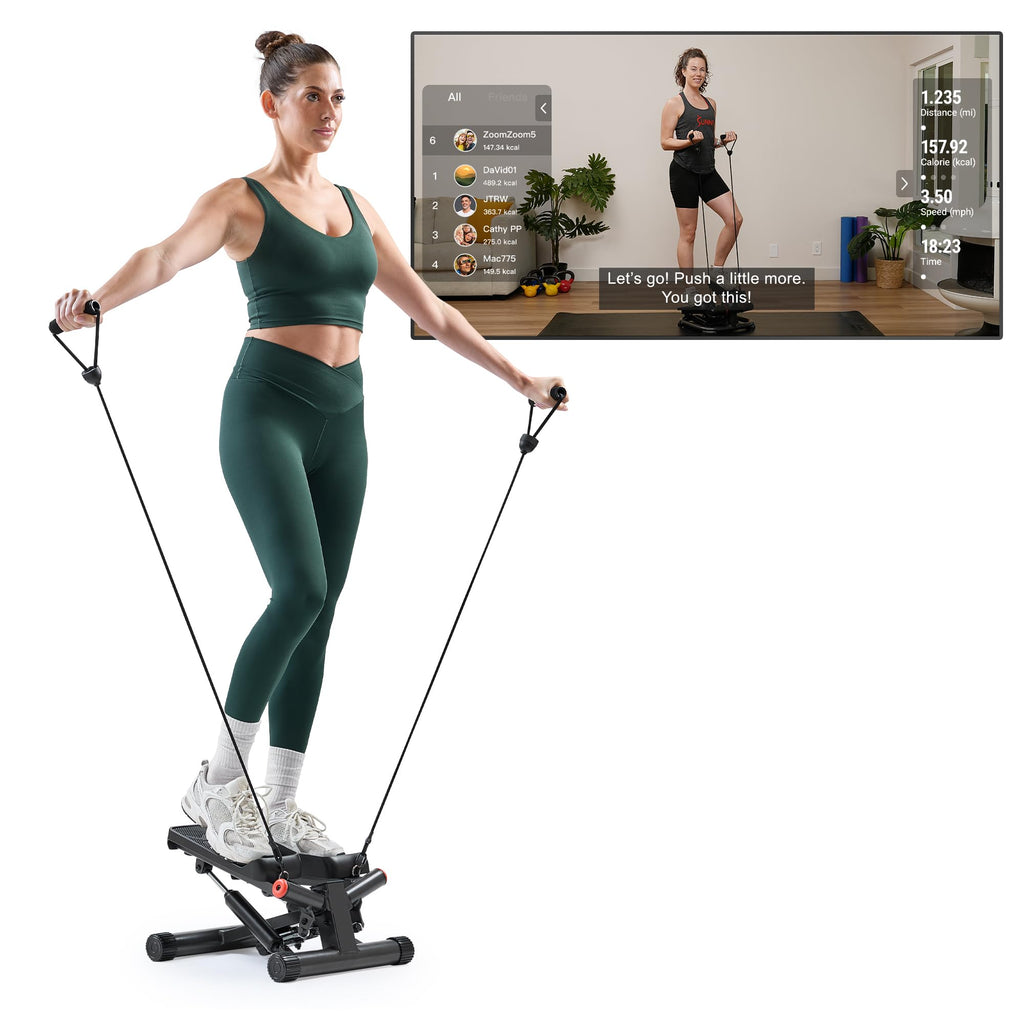 Sunny Health & Fitness Mini Stepper for Exercise at Home, Stair Step Workout Machine with Resistance Band and Over 300lb Weight Capacity, Optional Twist Motion and Free SunnyFit App Connection