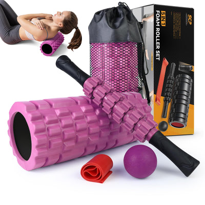 5 in1 Foam Roller Set, Trigger Point Foam Roller, Massage Roller Stick, Massage Ball, Resistance Band for Deep Muscle Massage Pilates Yoga,Fitness Exercise for Whole Body (Black-Red)